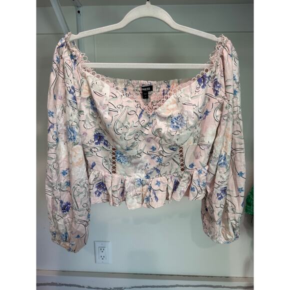 Express Women’s Pink Floral Boho Peasant Ruffle Long Sleeve Crop Top Medium M - Picture 12 of 16